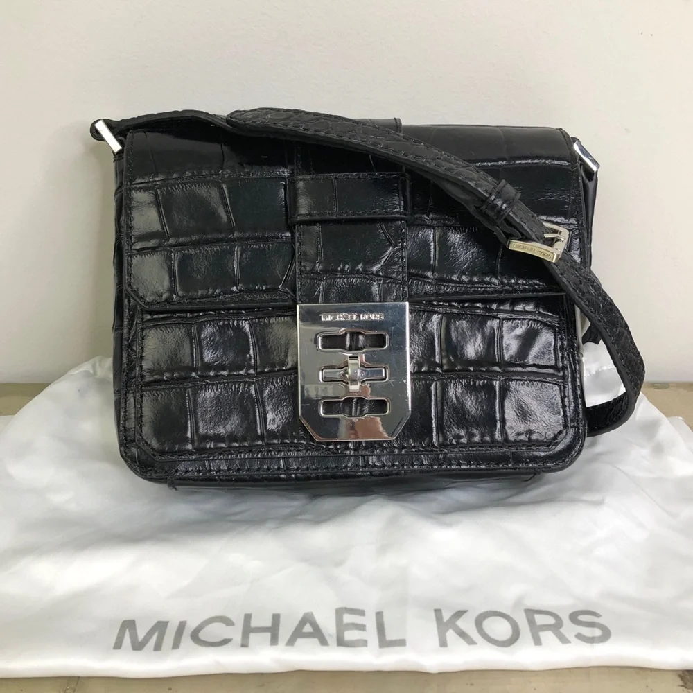 Michael Kors Mila Small Embossed-Leather Messenger Crossbody Bag in Black